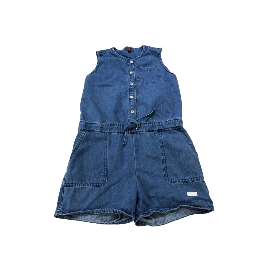 7 For All Mankind Denim Romper L Blue Utility Summer Coastal Festival Boho Sun